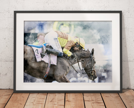 Galopin Des Champs Racehorse Print - Close Up Digital Watercolour Art