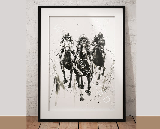 Racehorse Art Black Ink on White Paper Print - Digital Art