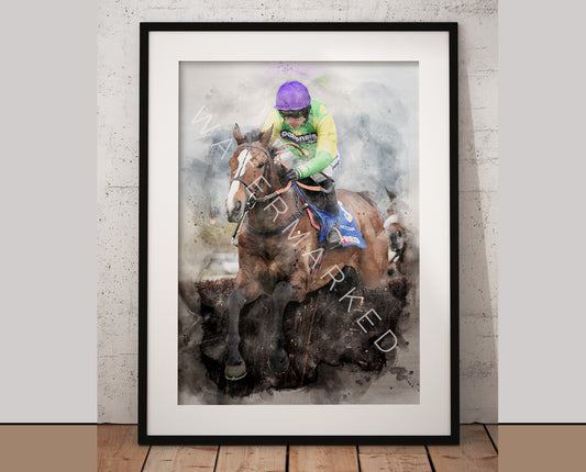 Kauto Star Racehorse Print Portrait - Digital Watercolour Art